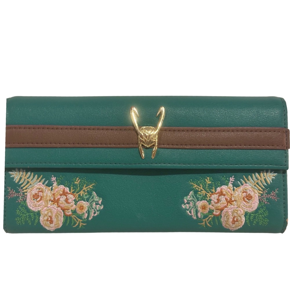 Marvel Loki Floral Flap Wallet Women Green Infinity Saga Embroidered Good